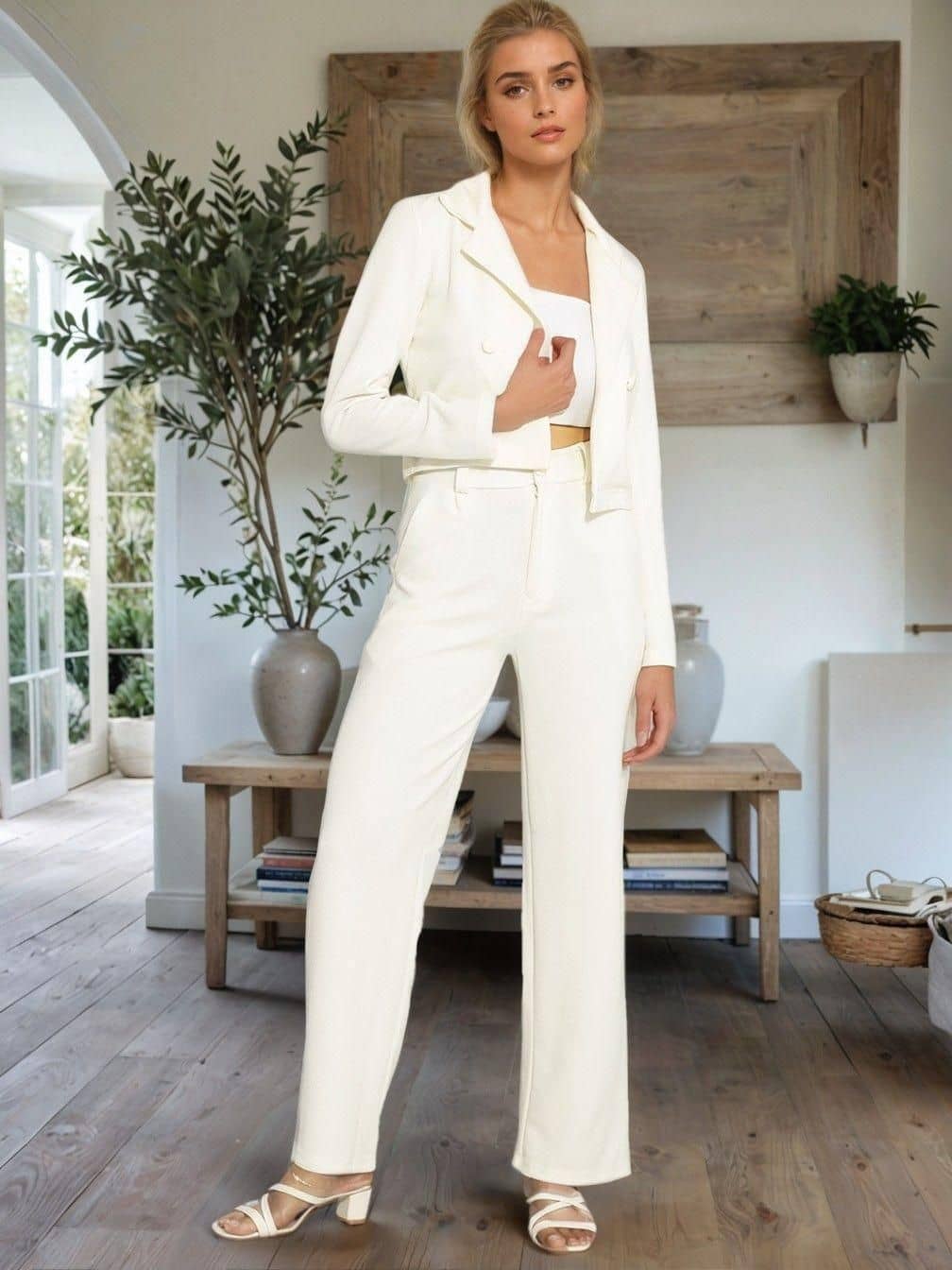 kotty Women Solid Blazer With Trousers Co-Ord Set ( White )