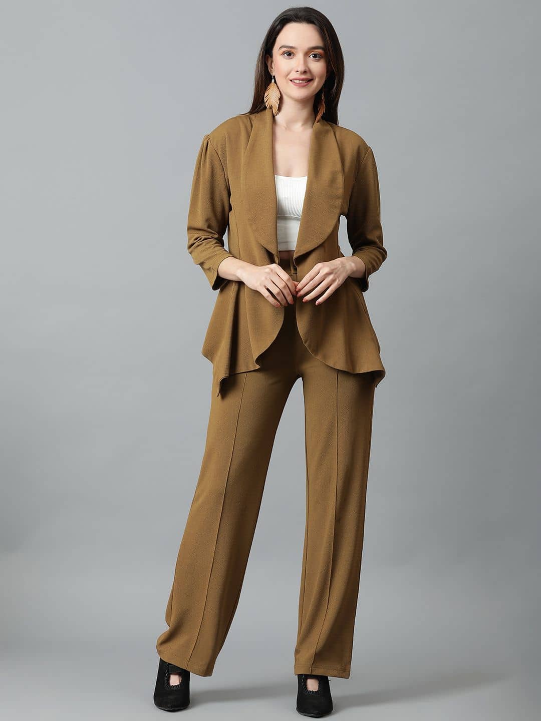 kotty Women Solid Blazer With Trousers Co-Ord Set ( Brown )