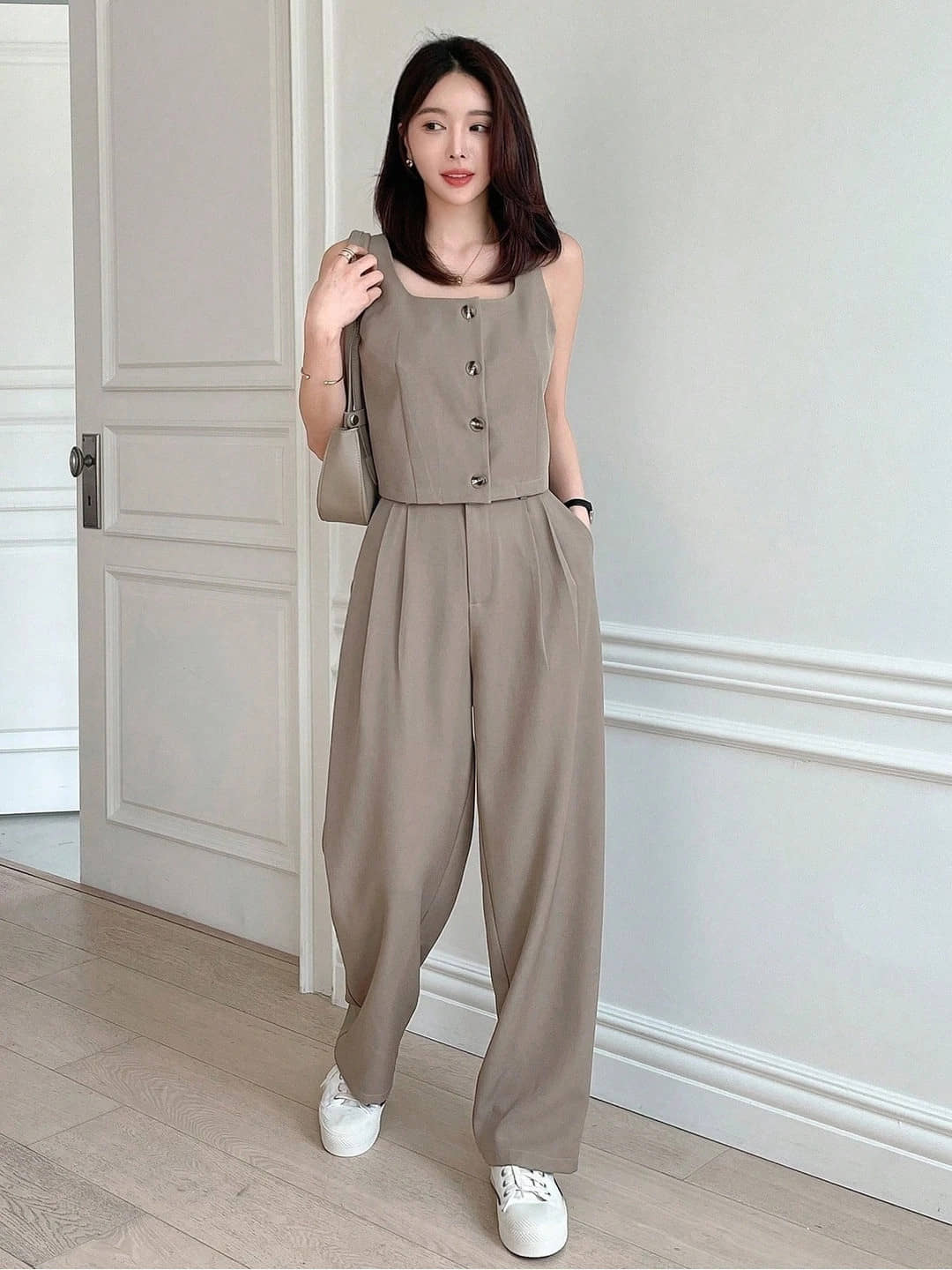 kotty Women Solid Shirt With Trousers Co-Ord Set ( Brown )