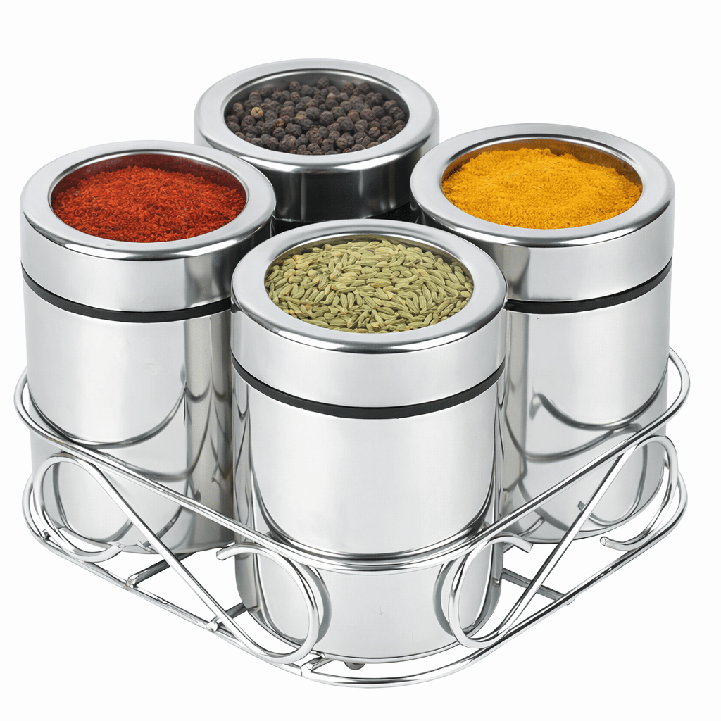 ATROCK Steel Masala Box Steel Silver Spice Container ( Set of 4 )