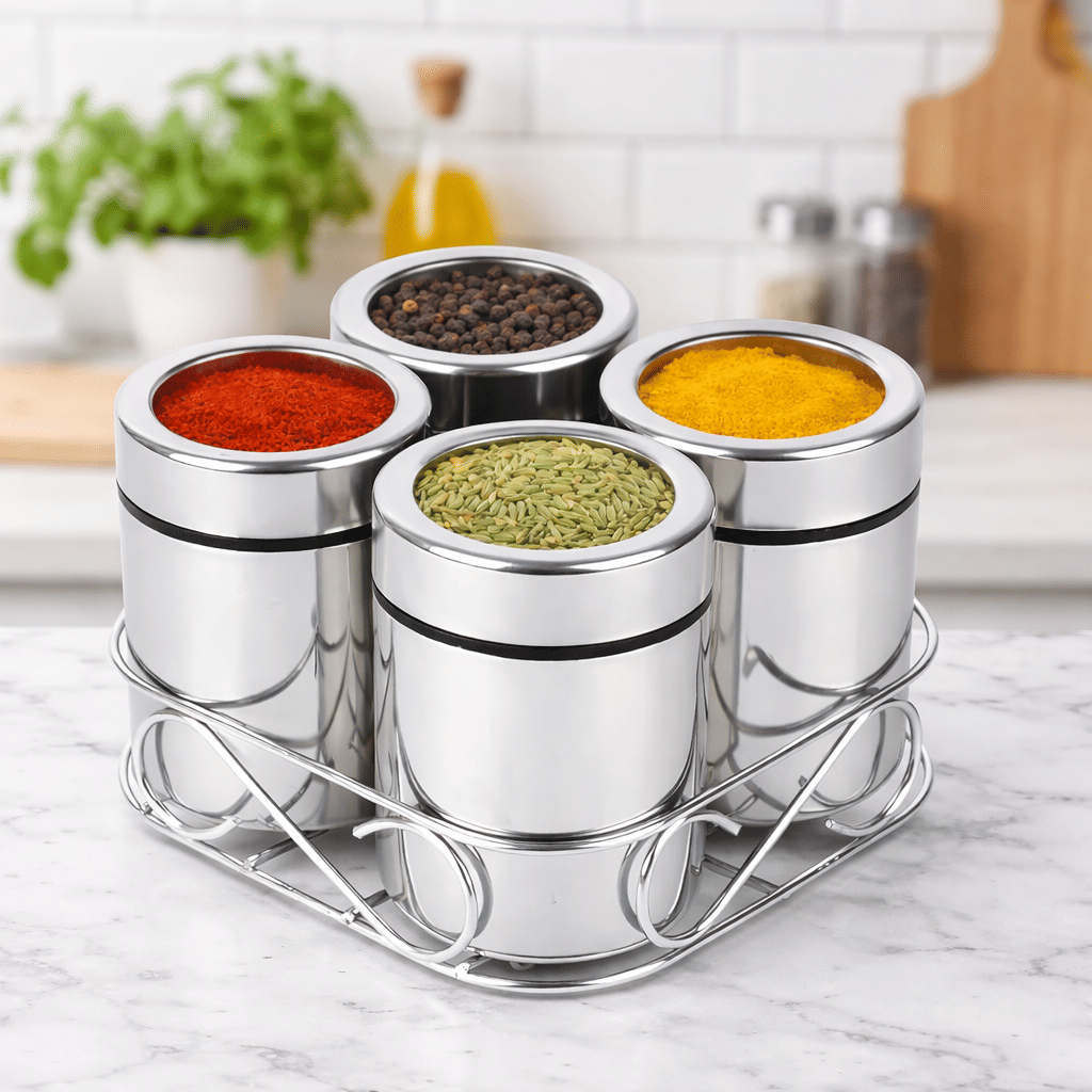ATROCK Steel Masala Box Steel Silver Spice Container ( Set of 4 )