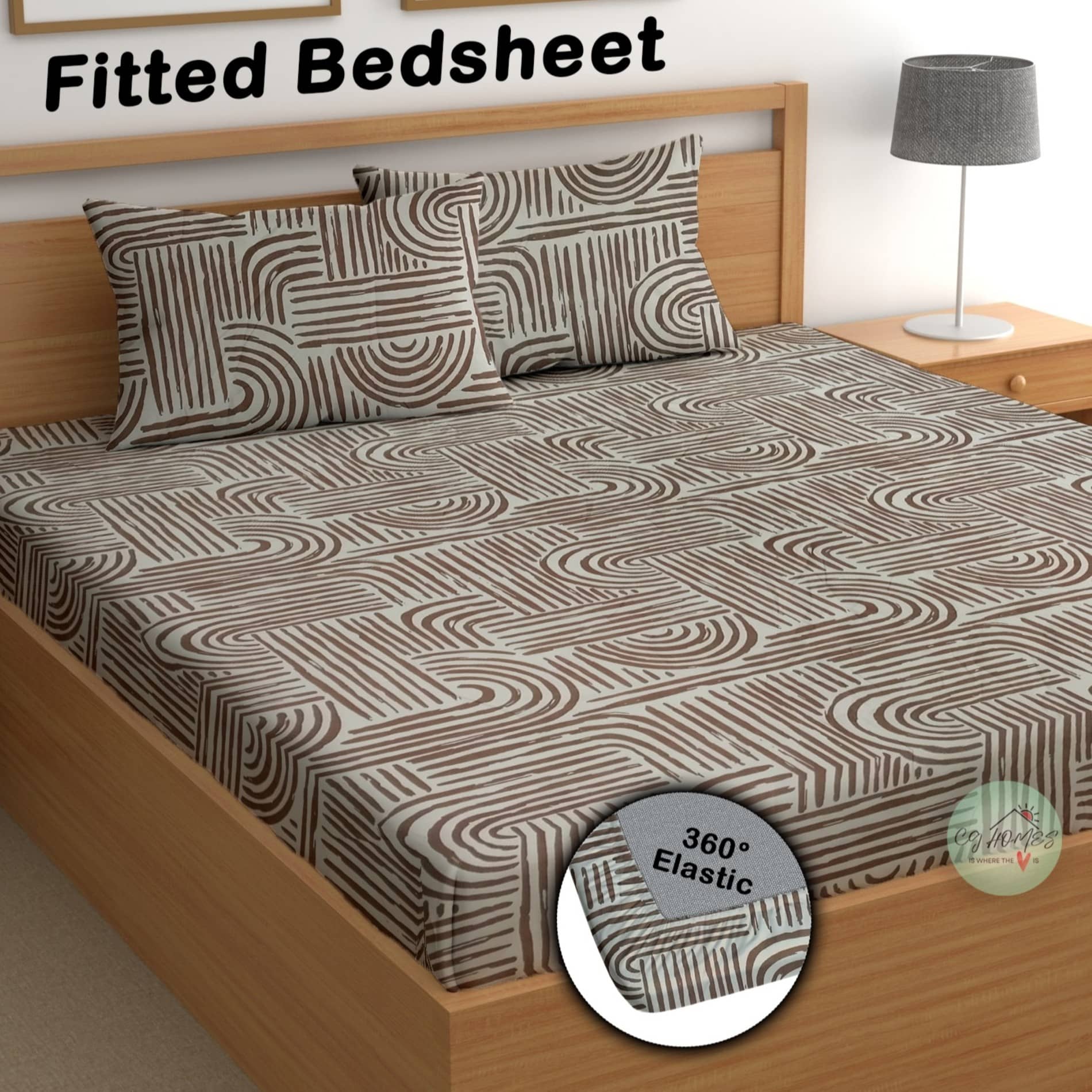 CG HOMES Cotton Abstract Fitted 1 Bedsheet with 2 Pillow Covers ( Double Bed ) - Brown