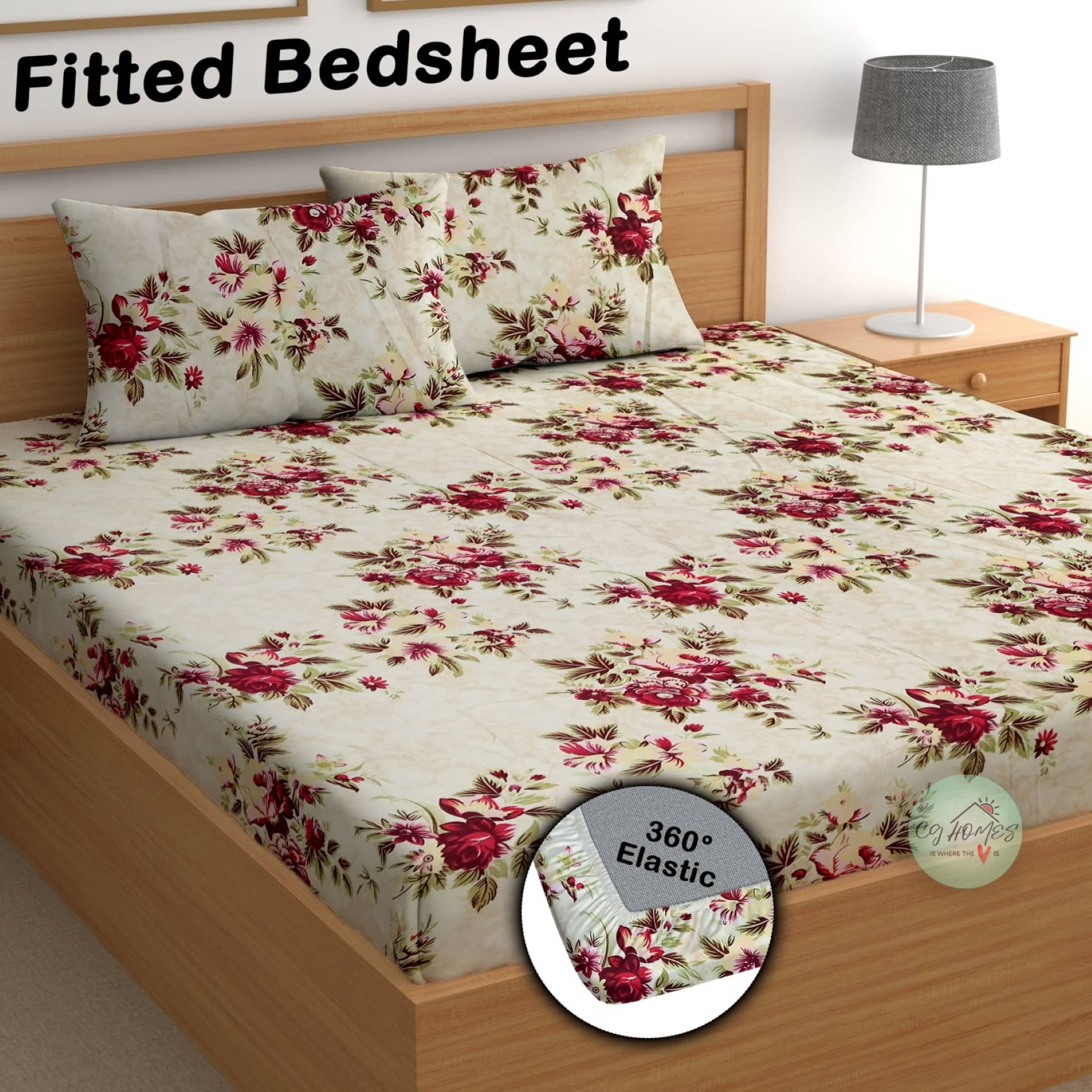 CG HOMES Cotton Floral Fitted 1 Bedsheet with 2 Pillow Covers ( Double Bed ) - Cream