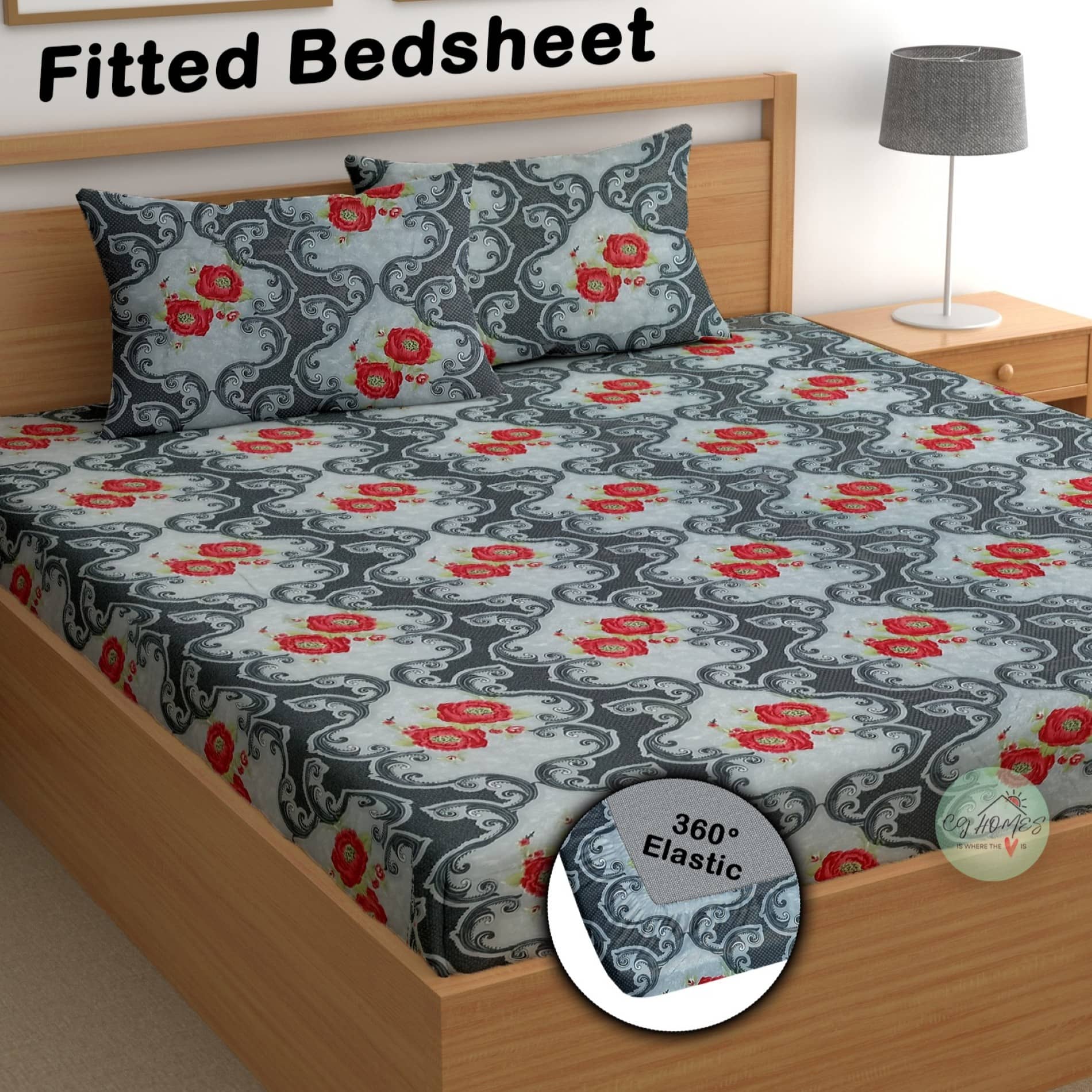CG HOMES Cotton Floral Fitted 1 Bedsheet with 2 Pillow Covers ( Double Bed ) - Gray