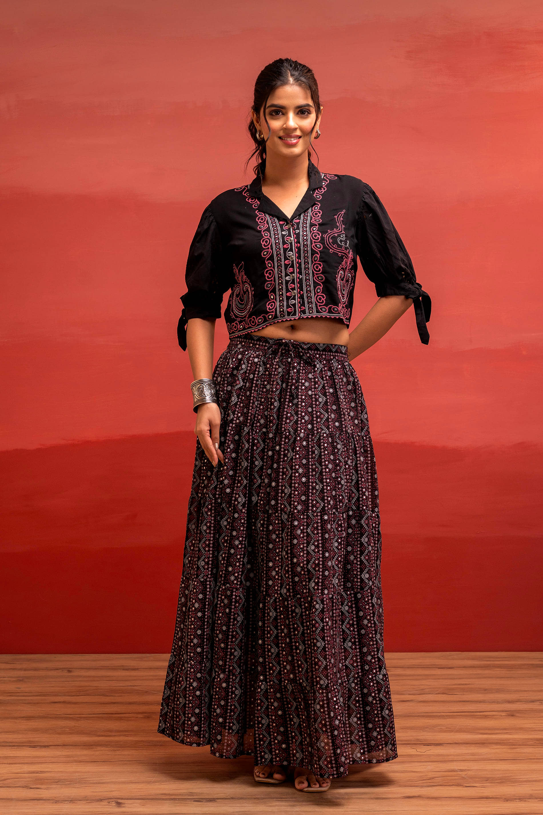Juniper Women Top With Skirt Co-Ord Set ( Black )