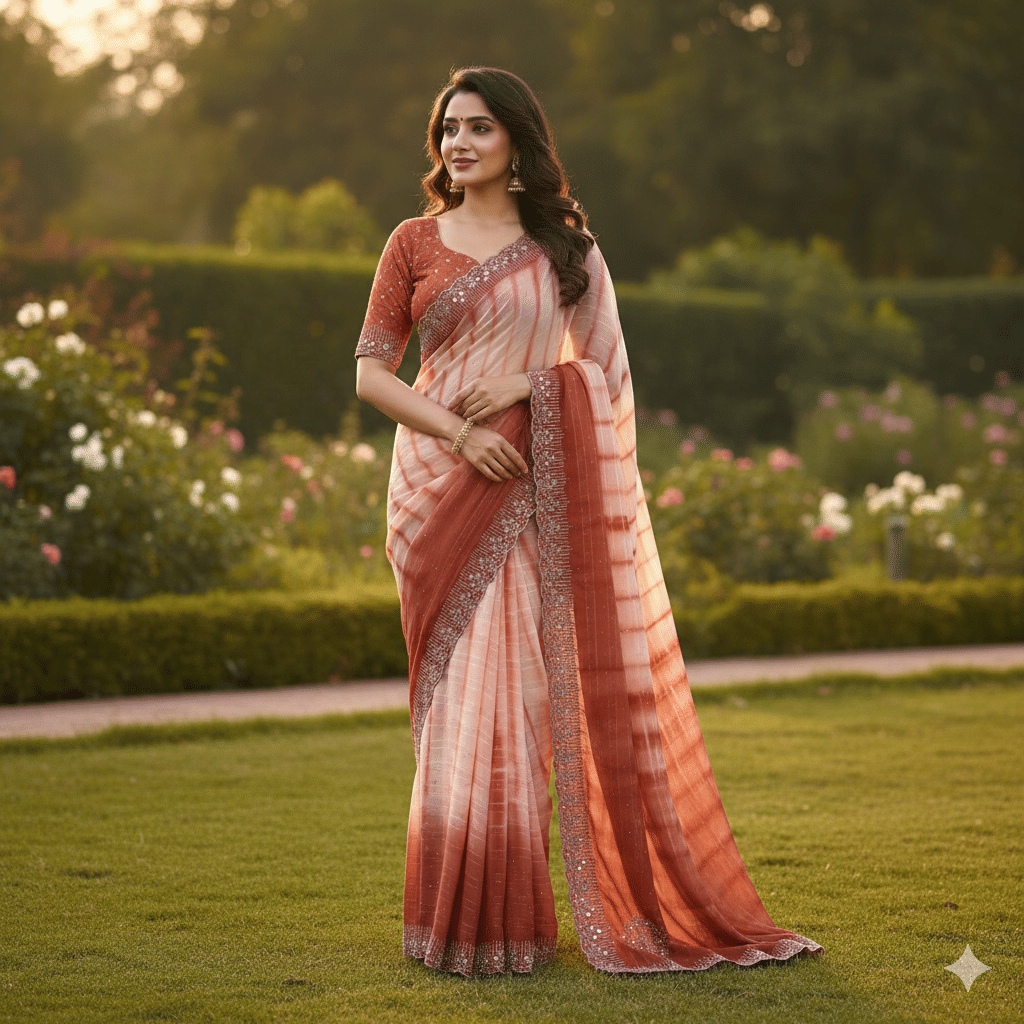 SANJNA Georgette Printed Bandhani Sarees With Unstitched Blouse Piece ( PEACH ) - Sarees | Buy online on ZillyBuy
