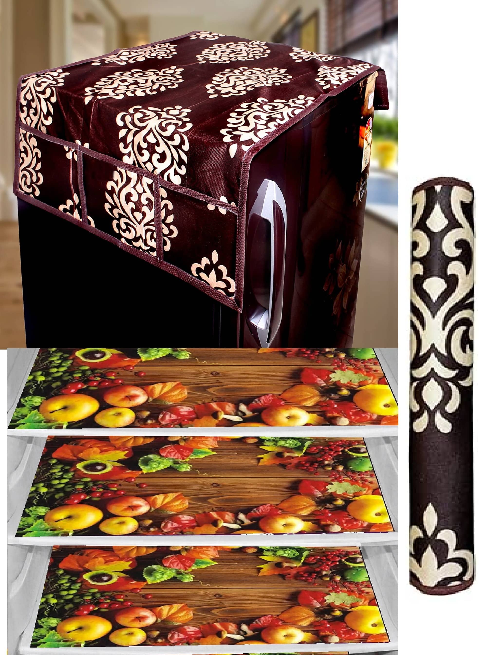 THE LION'S SHARE PVC Floral Fridge Mat & Cover ( 42 30 ) Pack of 5 - Green