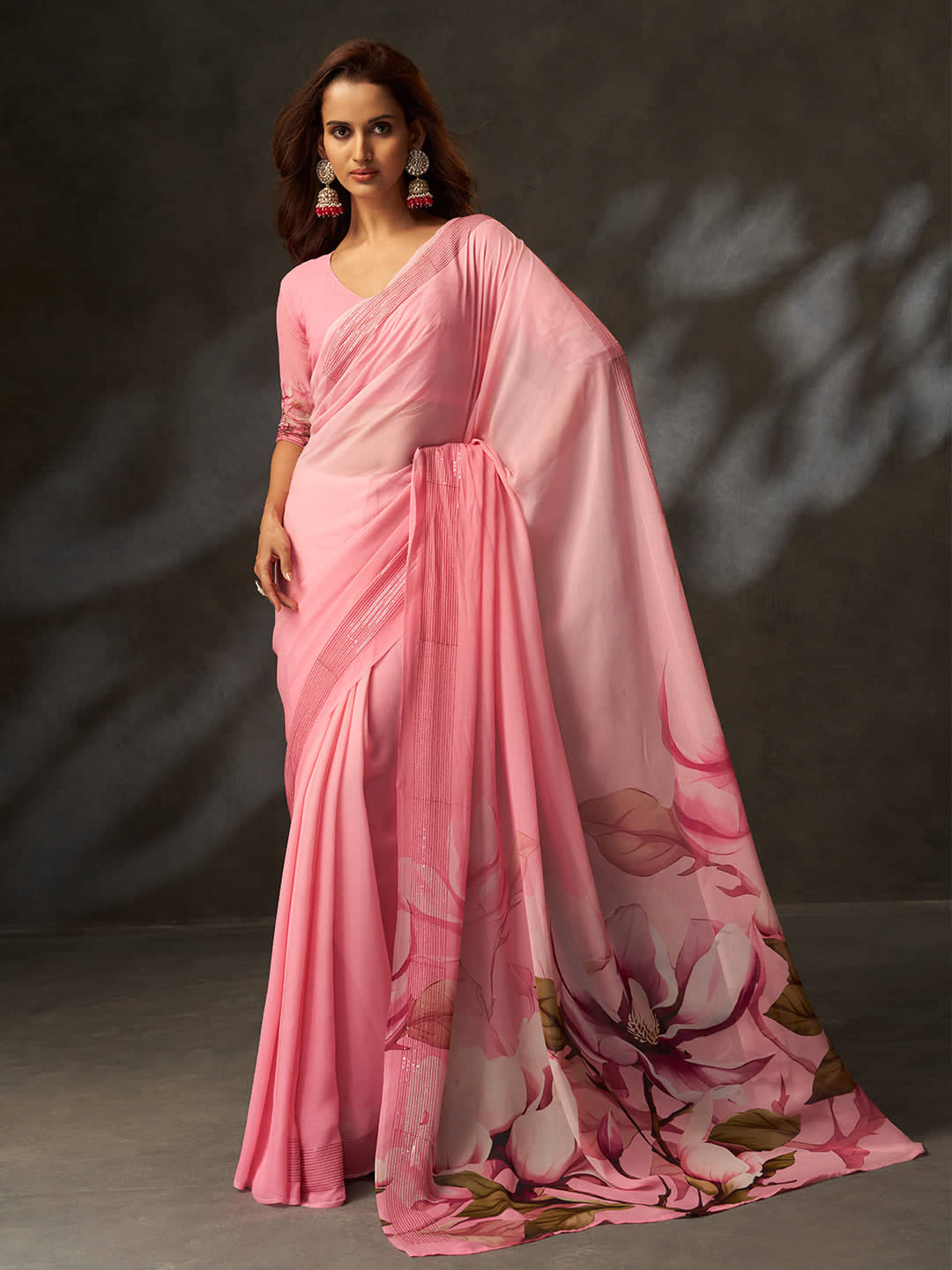 PHORIA STYLE Georgette Printed Kashmiri Kani Saree With Unstitched Blouse Piece ( Pink ) - Sarees | Buy online on ZillyBuy