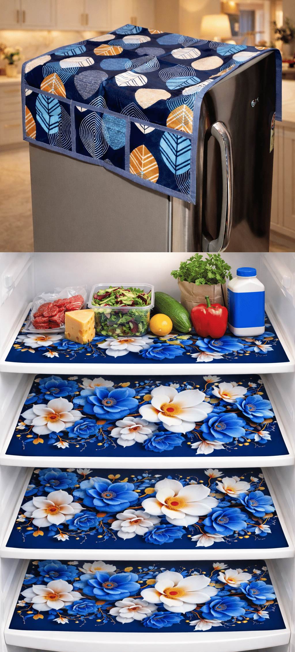 THE LION'S SHARE PVC Floral Fridge Mat & Cover ( 42 30 ) Pack of 5 - Beige