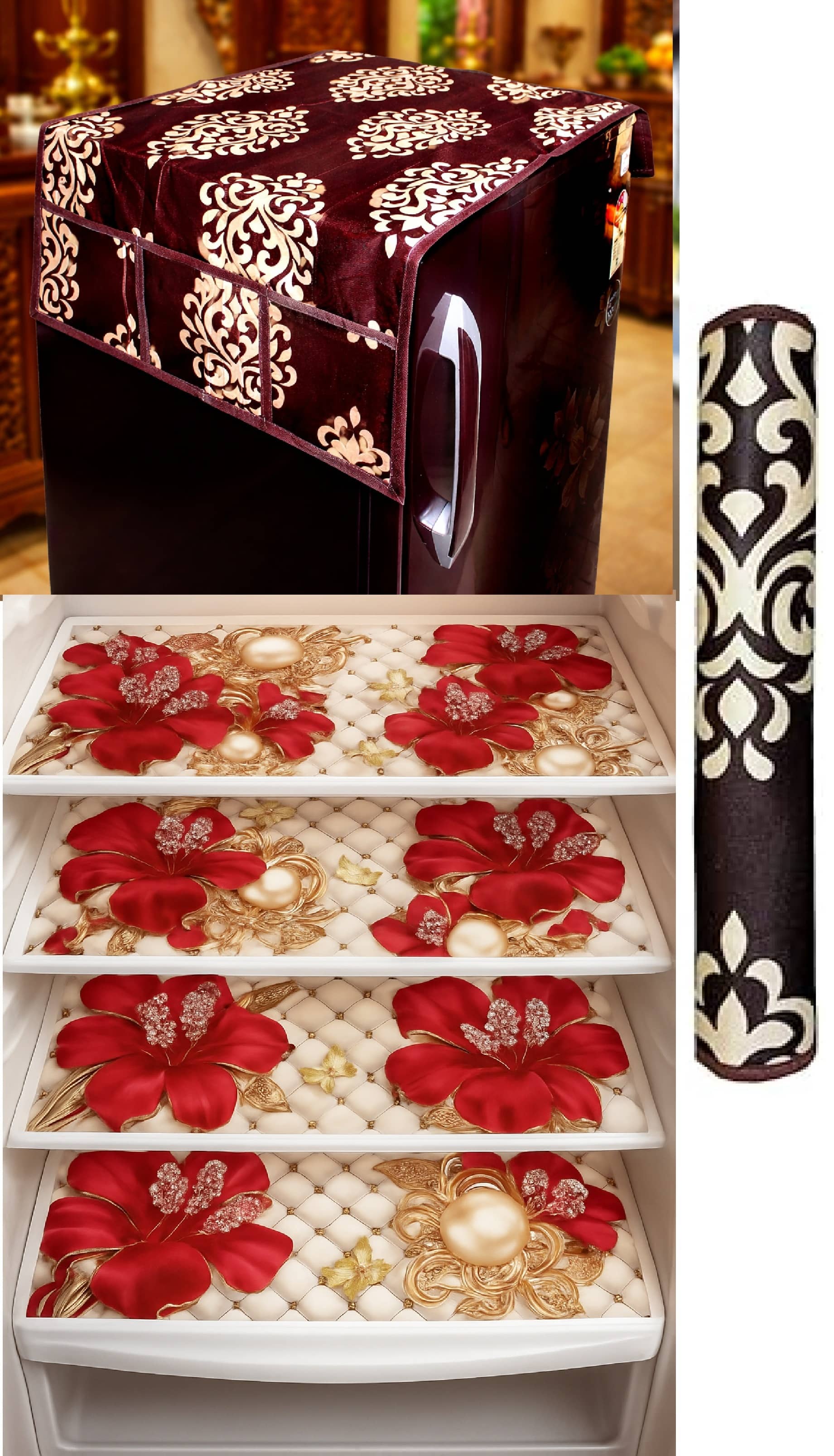 THE LION'S SHARE PVC Floral Fridge Mat & Cover ( 42 30 ) Pack of 6 - Pink