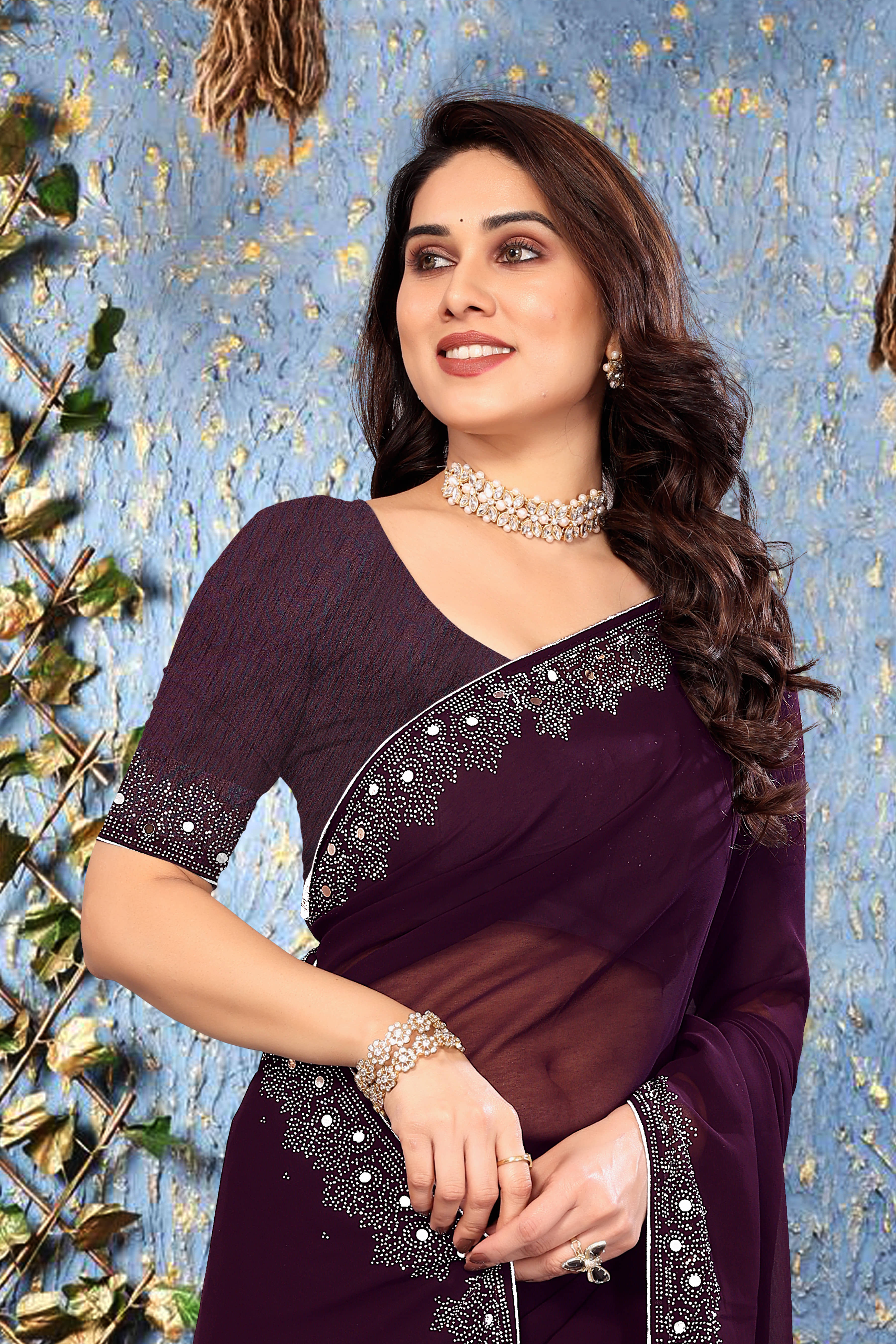 VEERAIVA Chiffon Embellished Regular Saree With Unstitched Blouse Piece ( Blue ) - Sarees | Buy online on ZillyBuy
