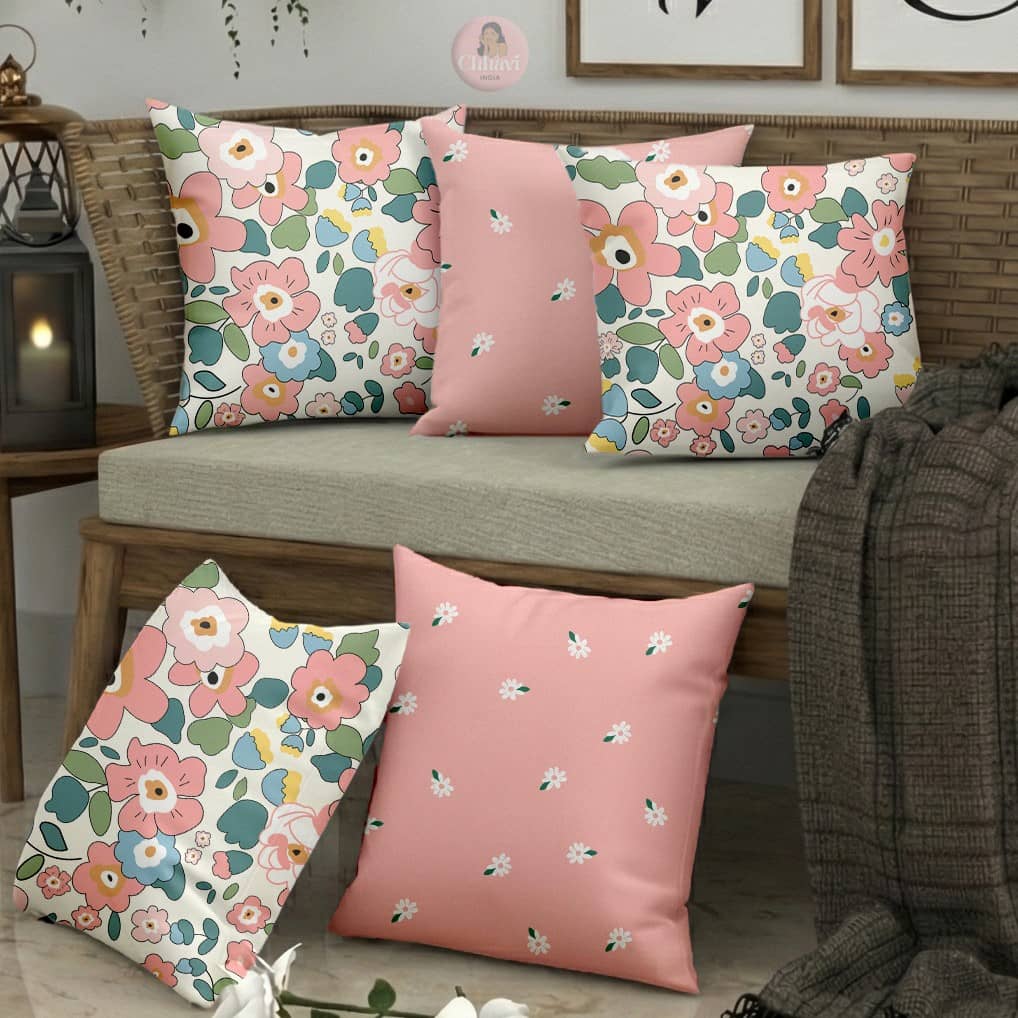 chhavi india Set of 1 Cotton Blend Floral Square Cushion Cover (40X40)cm - Pink