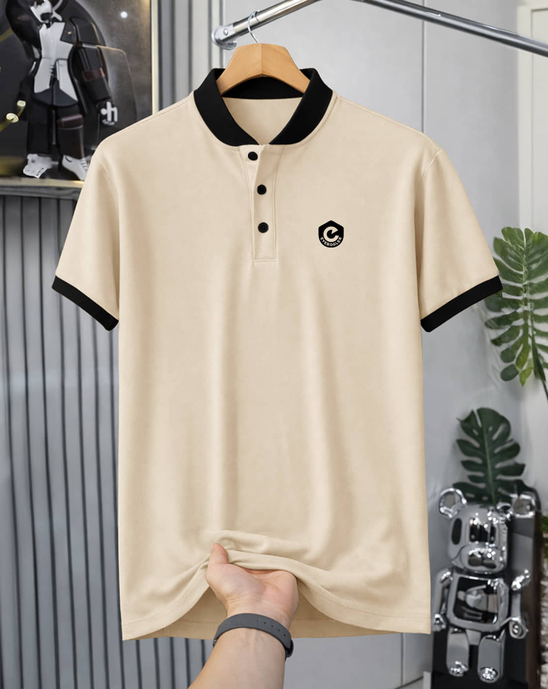 Eyebogler Men Polyester Regular Fit Solid T-Shirt ( Beige )