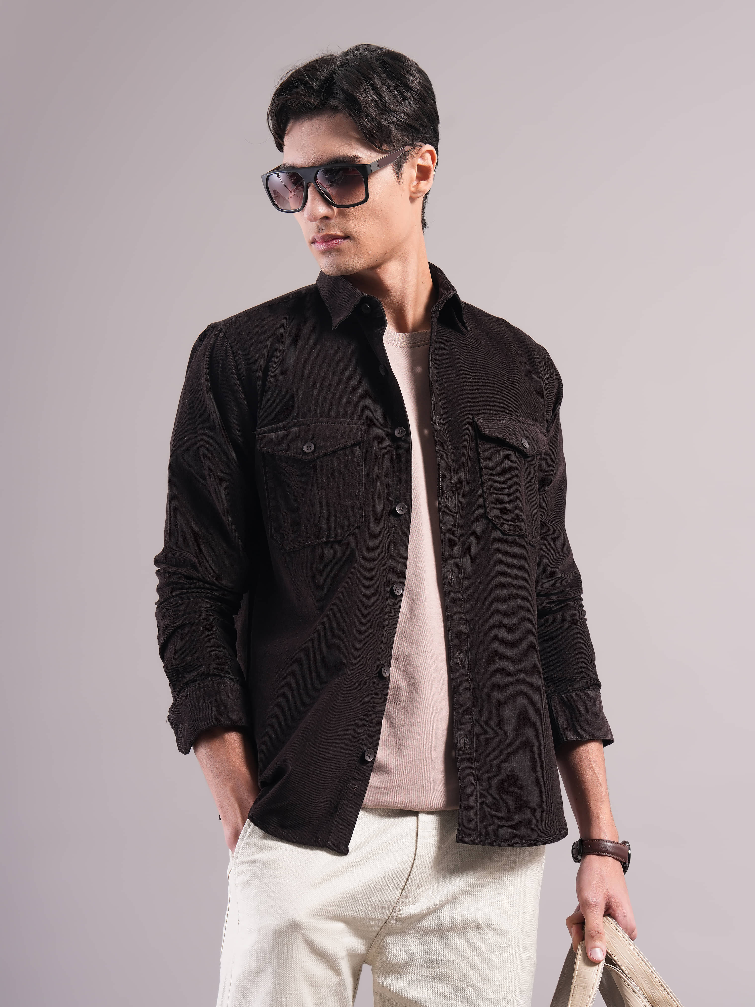 Paul Street Corduroy Regular Fit Solids Full Sleeves Men's Casual Shirt - Black ( Pack of 1 )