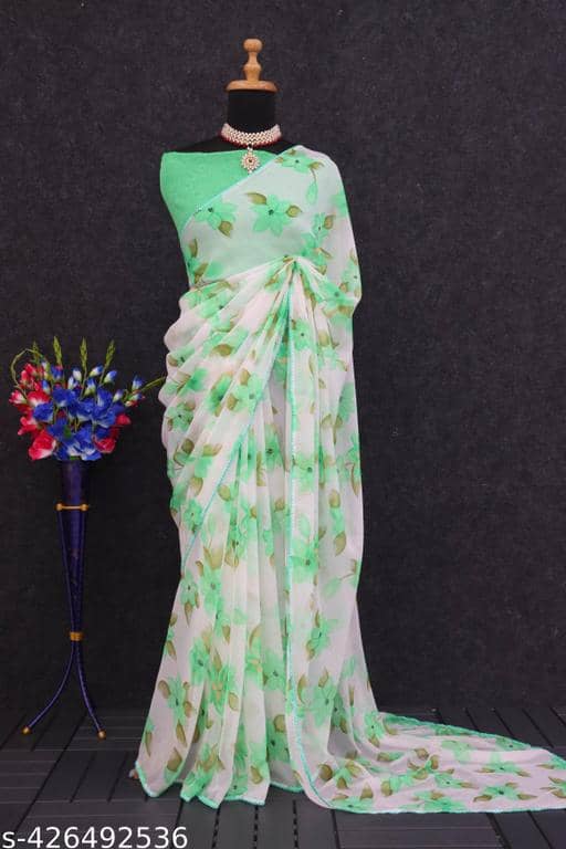 Gullak Georgette Printed Regular Saree With Unstitched Blouse Piece ( green ) - Sarees | Buy online on ZillyBuy