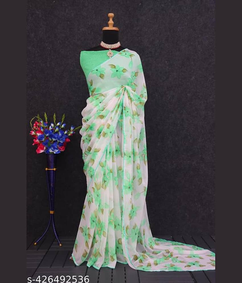Gullak Georgette Printed Regular Saree With Unstitched Blouse Piece ( green ) - Sarees | Buy online on ZillyBuy
