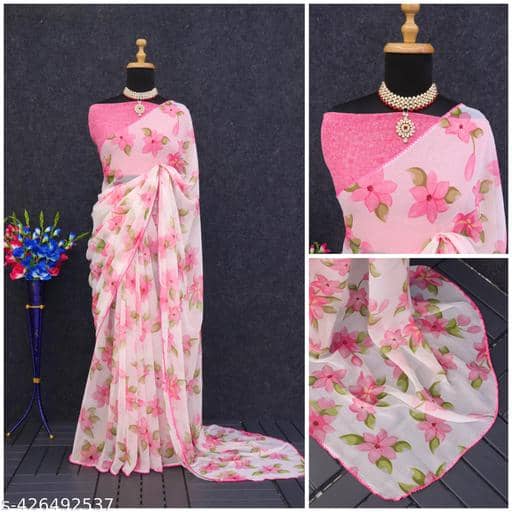 Gullak Georgette Printed Regular Saree With Unstitched Blouse Piece ( pink ) - Sarees | Buy online on ZillyBuy