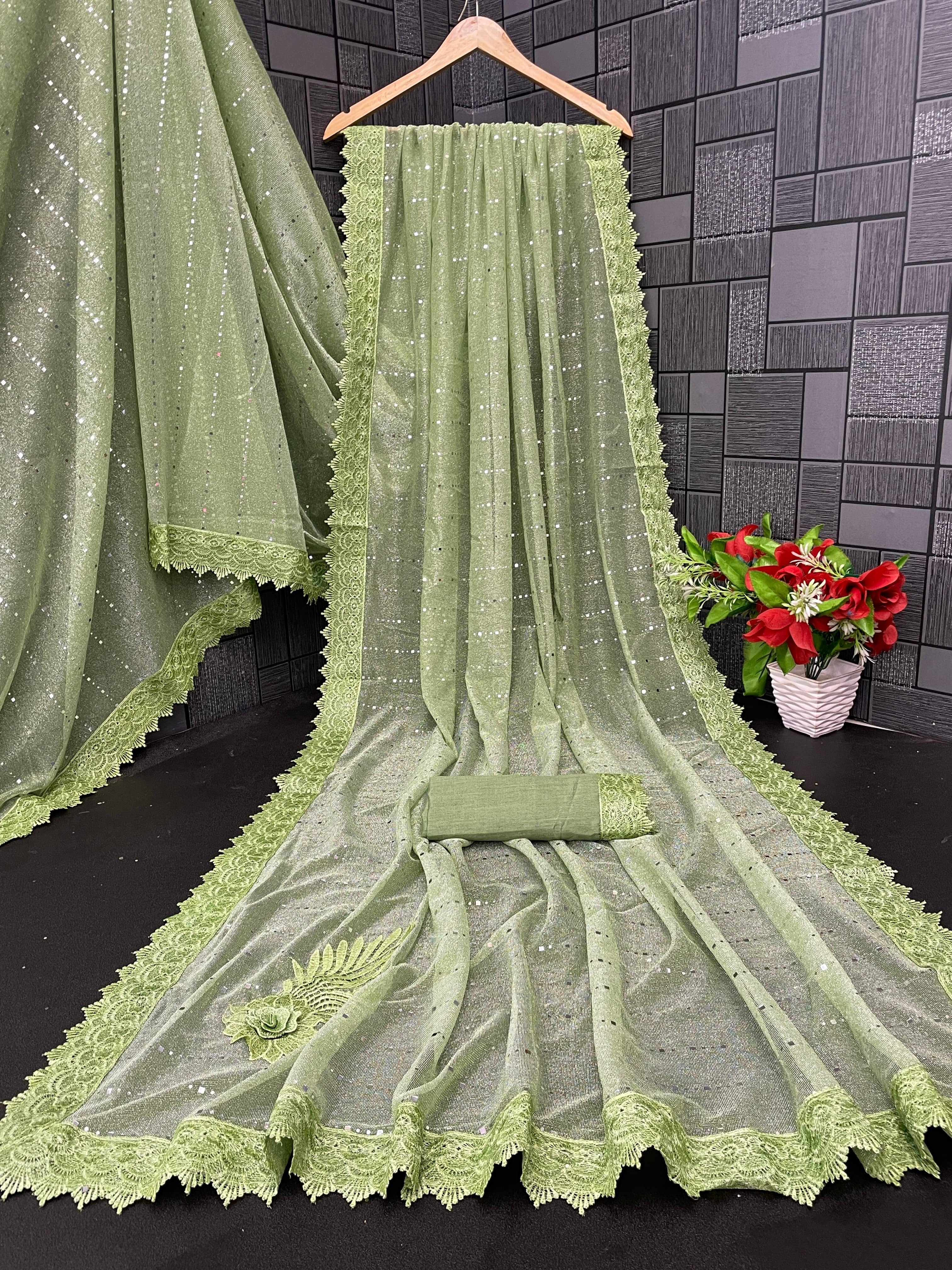 Gullak Lycra Printed Regular Saree With Unstitched Blouse Piece ( Fluorescent Green ) - Sarees | Buy online on ZillyBuy