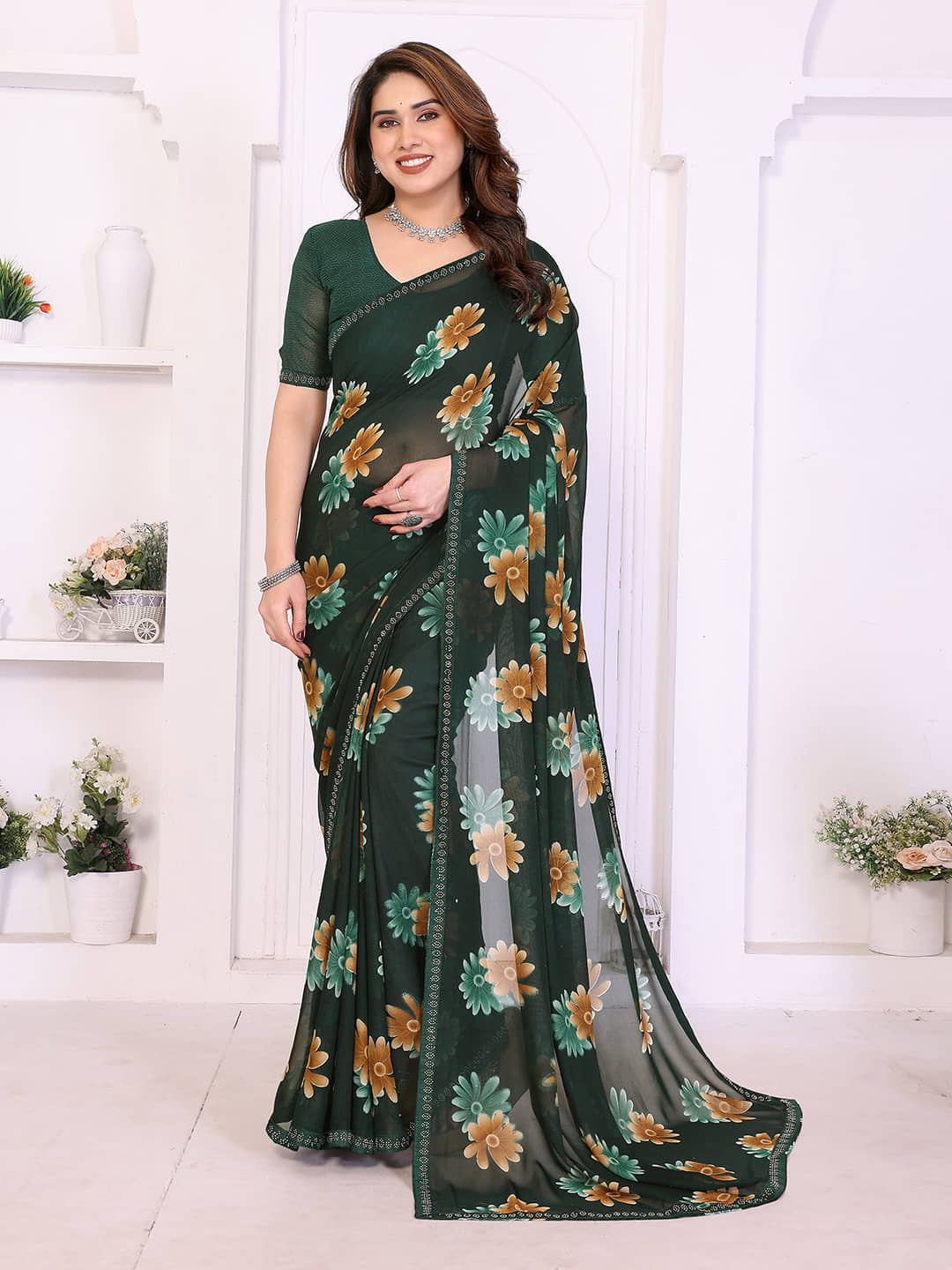 ANAND SAREES Georgette Printed Regular Saree With Unstitched Blouse Piece ( Green ) - Sarees | Buy online on ZillyBuy