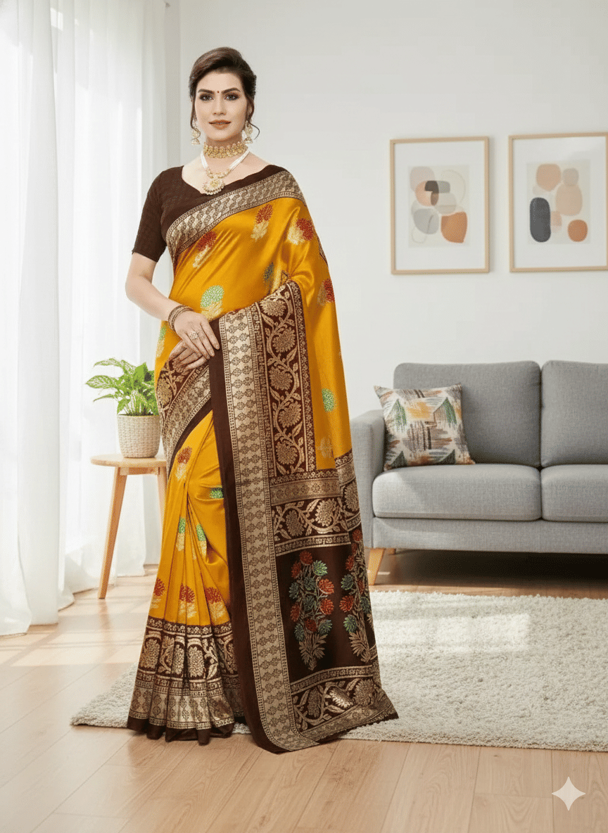 Kanooda Prints Art Silk Printed Mysore Silk Sarees With Unstitched Blouse Piece ( Mustard ) - Sarees | Buy online on ZillyBuy