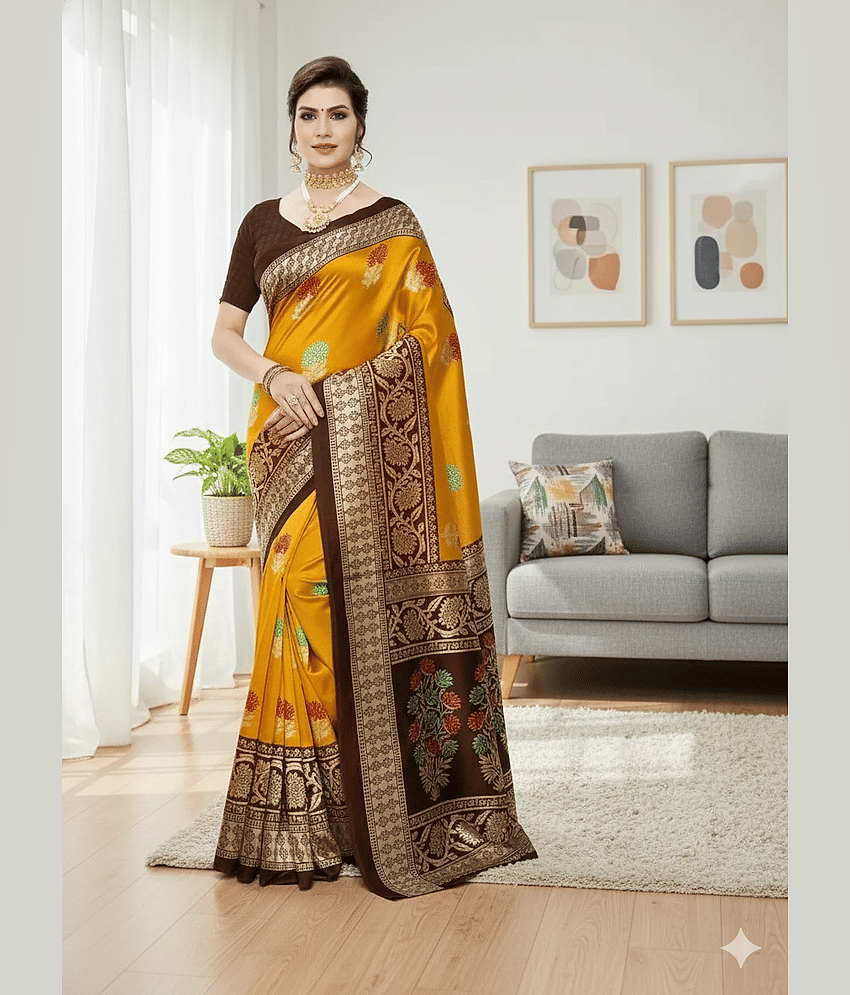 Kanooda Prints Art Silk Printed Mysore Silk Sarees With Unstitched Blouse Piece ( Mustard ) - Sarees | Buy online on ZillyBuy