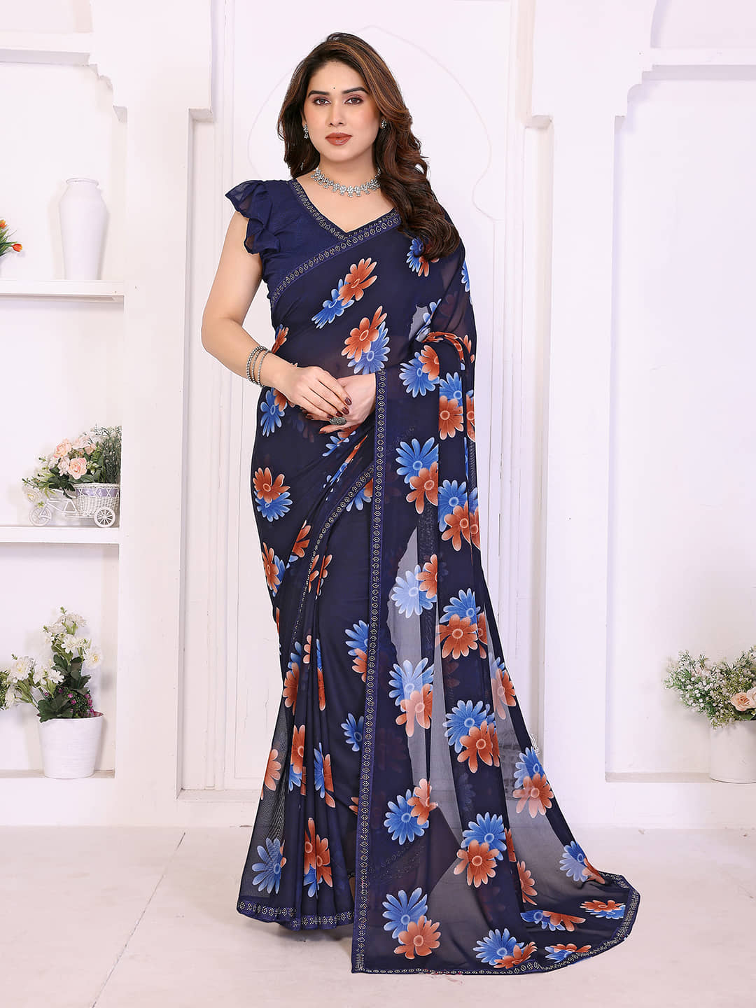 Kashvi Sarees Georgette Printed Regular Saree With Unstitched Blouse Piece ( Blue ) - Sarees | Buy online on ZillyBuy
