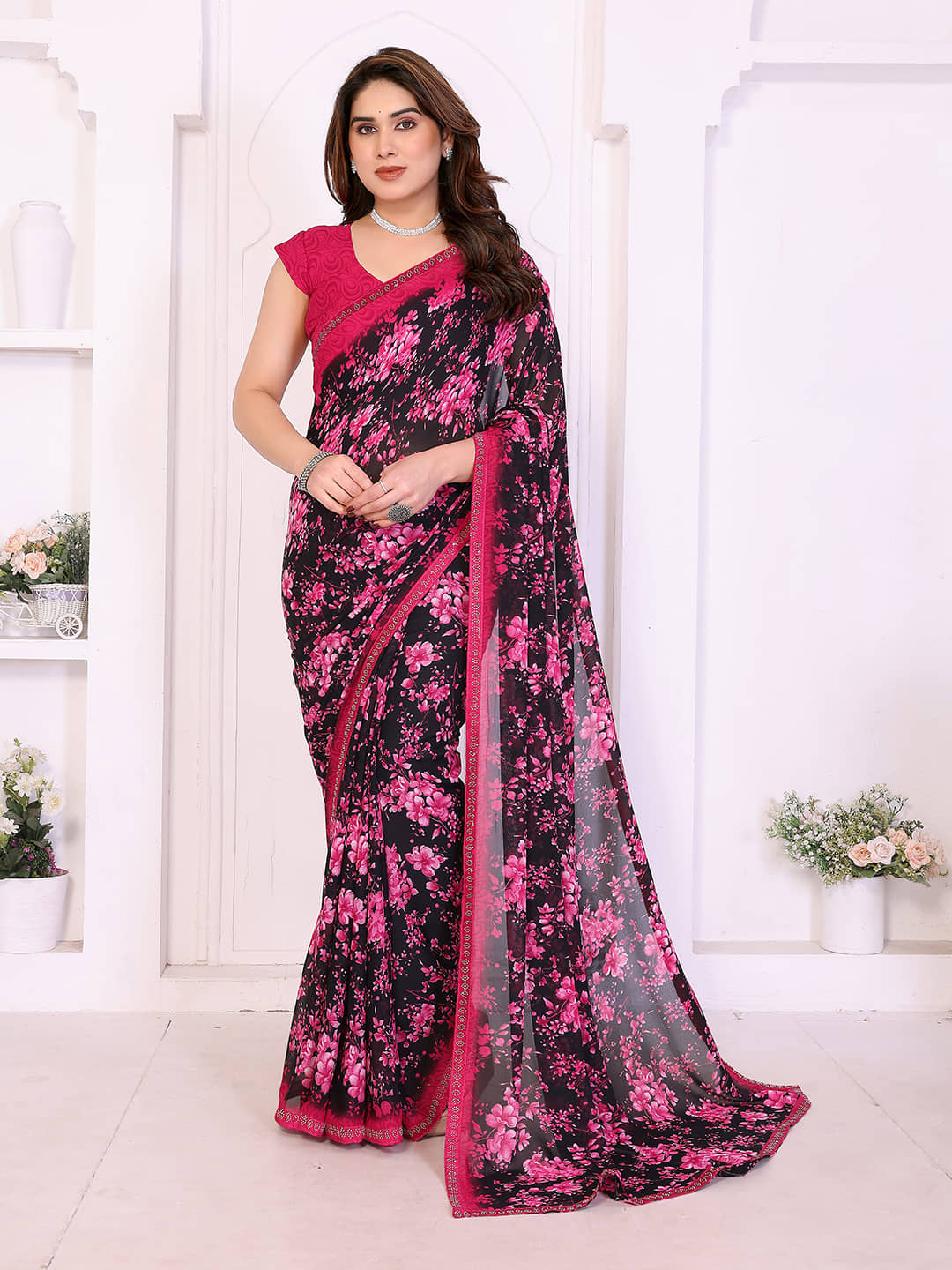 Kashvi Sarees Georgette Printed Regular Saree With Unstitched Blouse Piece ( Pink ) - Sarees | Buy online on ZillyBuy