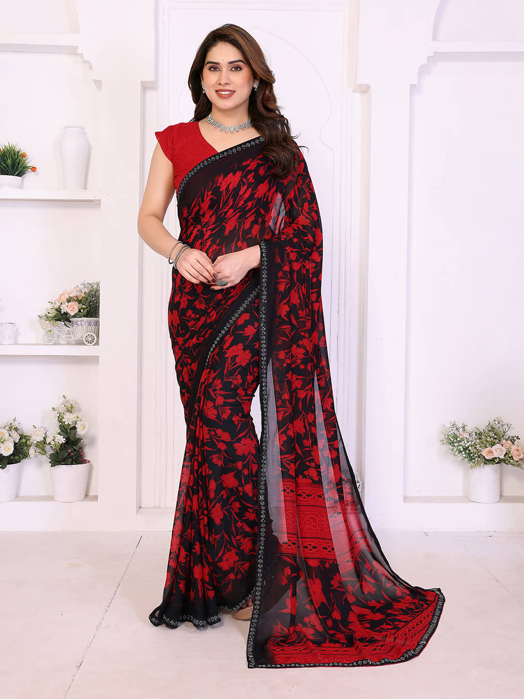 Kashvi Sarees Georgette Printed Regular Saree With Unstitched Blouse Piece ( Yellow ) - Sarees | Buy online on ZillyBuy