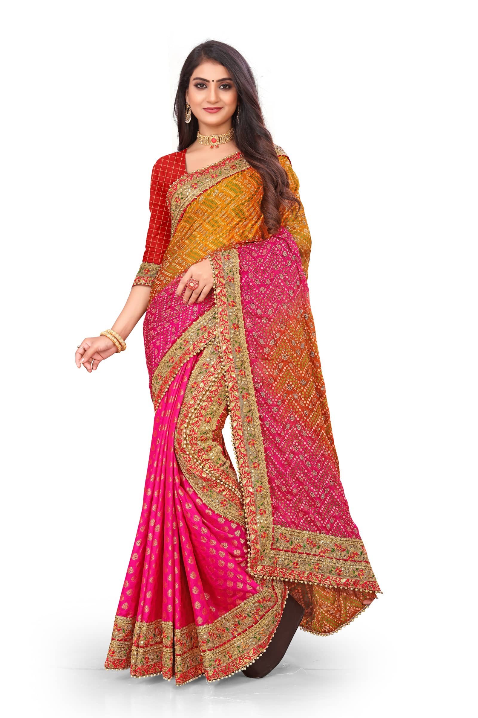 Rangtulika Ethnics Chiffon Printed Bandhani Sarees With Unstitched Blouse Piece ( Multicolor ) - Sarees | Buy online on ZillyBuy