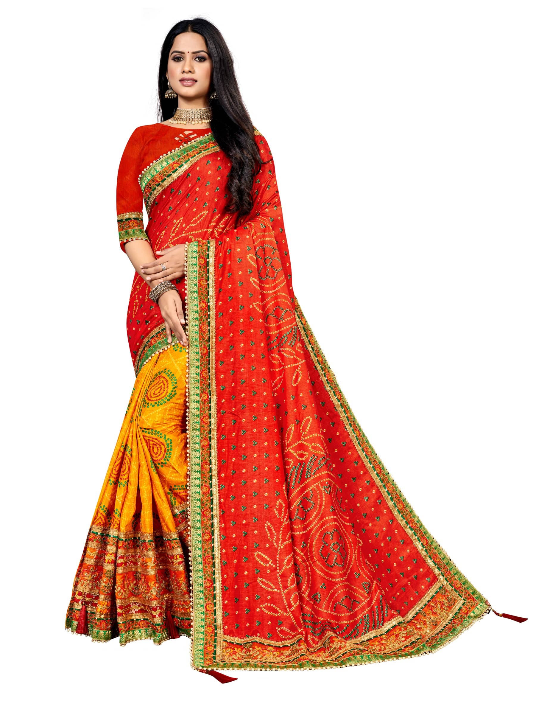 Rangtulika Ethnics Silk Blend Printed Bandhani Sarees With Unstitched Blouse Piece ( Multicolor 3 ) - Sarees | Buy online on ZillyBuy