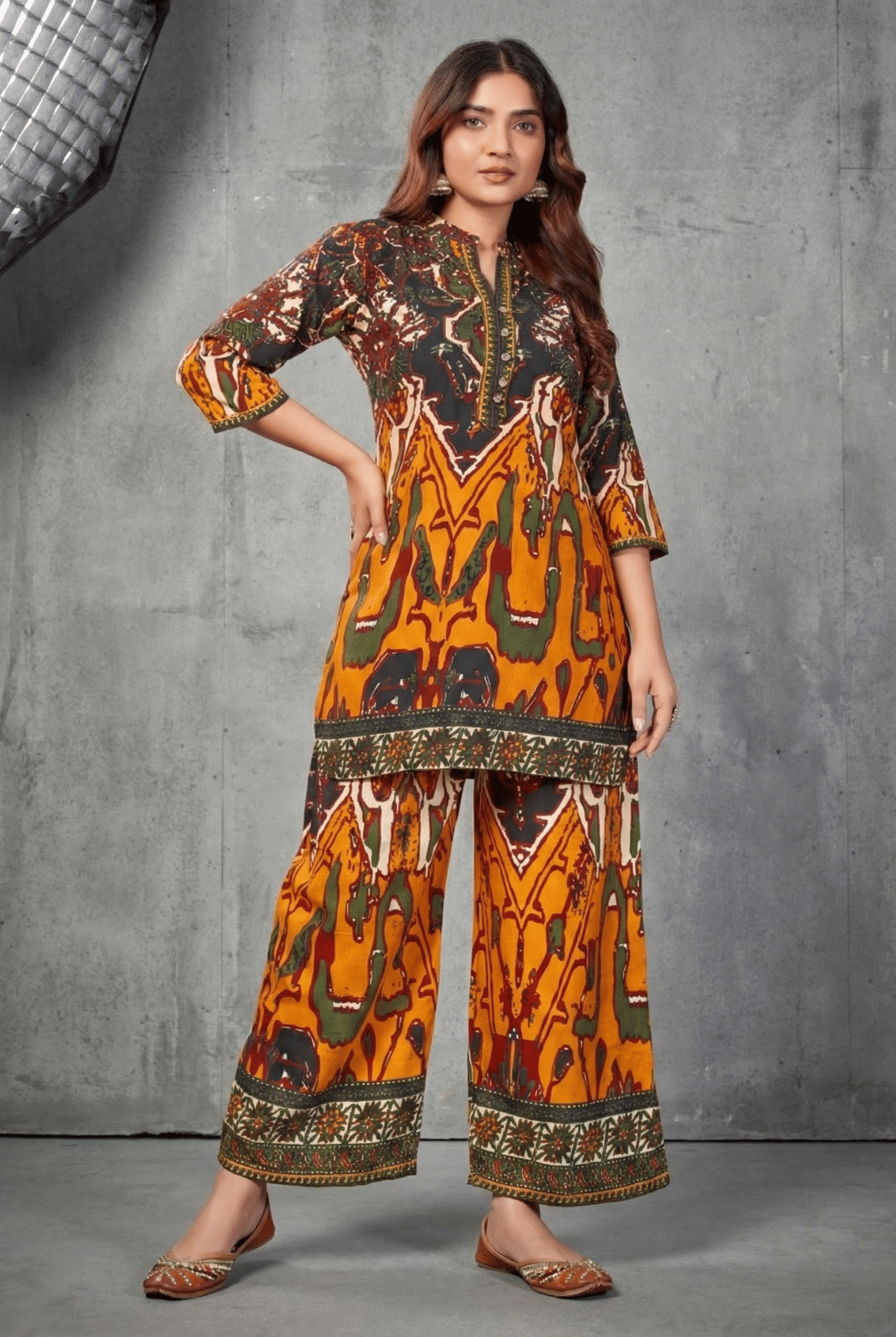 VANVAAM Women Printed Top With Palazzos Co-Ord Set ( Mustard )