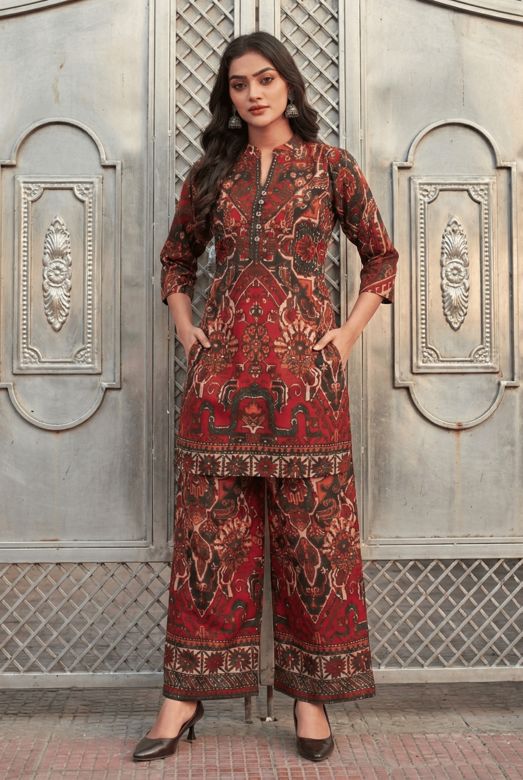VANVAAM Women Printed Top With Palazzos Co-Ord Set ( Red )