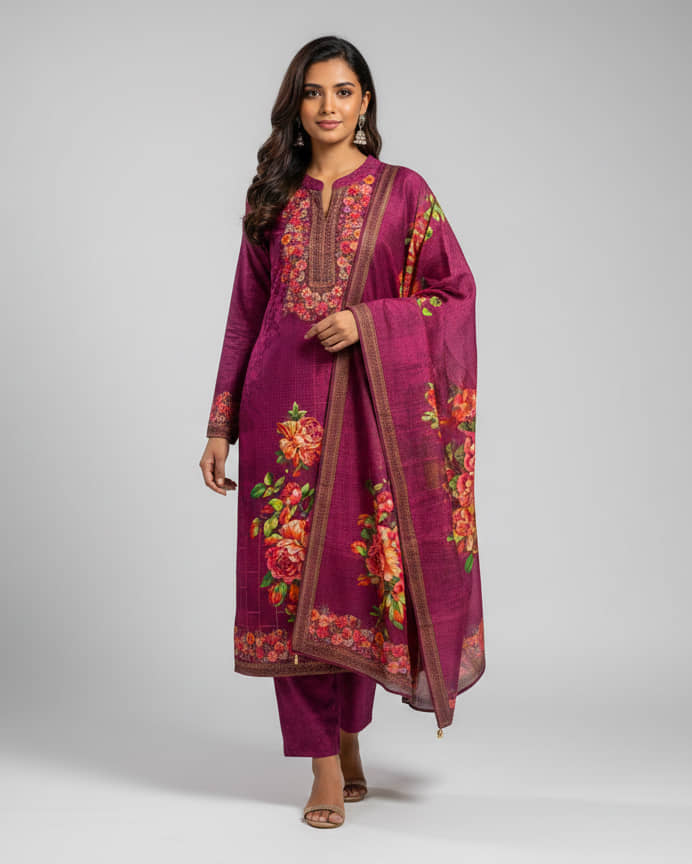 WOOL'S KART Women Woollen Printed A-line Kurti With Palazzo ( Fluorescent Pink )