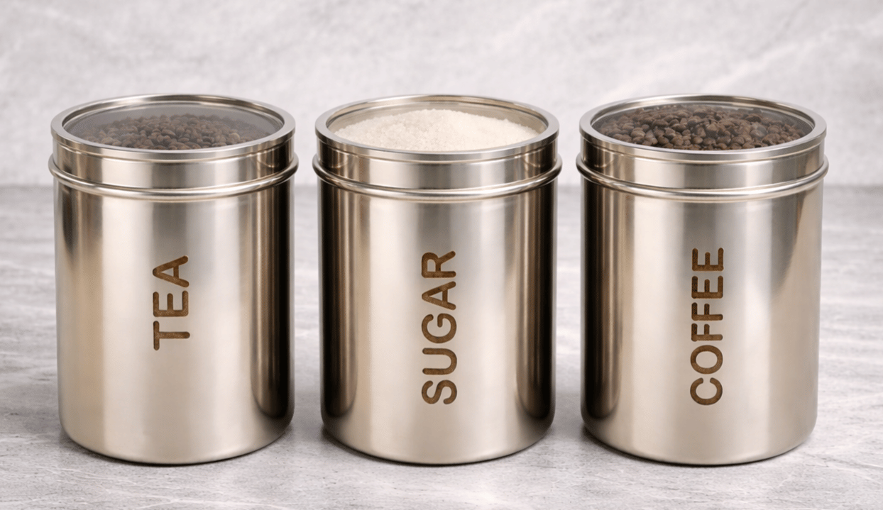 ATROCK Steel Silver Tea/Coffee/Sugar Container ( Set of 3 )