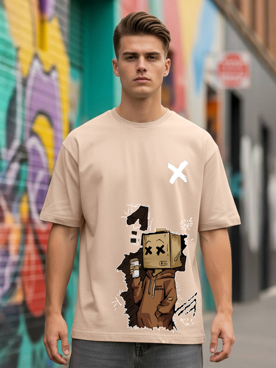 BENNY BROOKS Men Cotton Blend Oversized Fit Printed T-Shirt ( Cream )