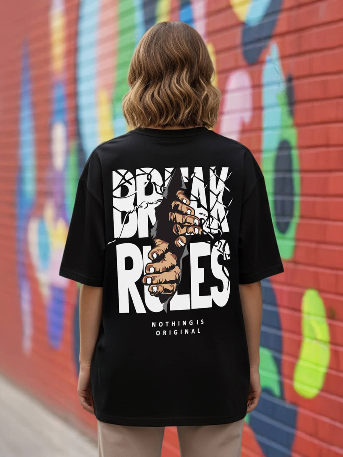 BENNY BROOKS Women Cotton Blend Printed Oversized Fit Round Neck T-Shirt ( Black )