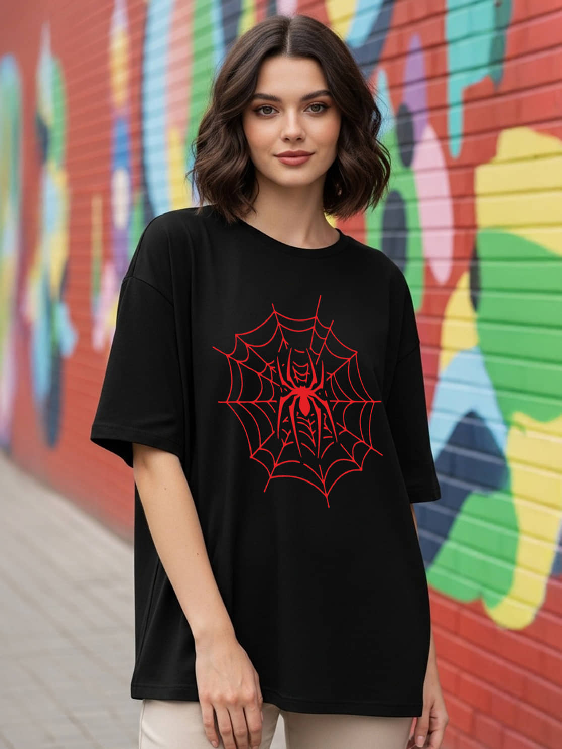 BENNY BROOKS Women Cotton Blend Printed Oversized Fit Round Neck T-Shirt ( Black )