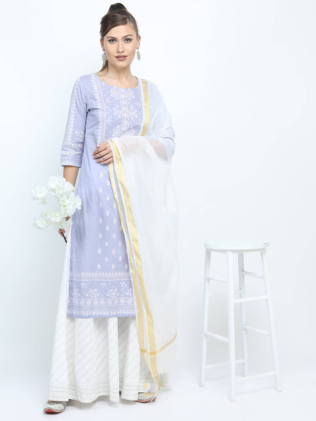 Vishudh Women Viscose Embroidered Straight Kurti With Palazzo ( Purple )