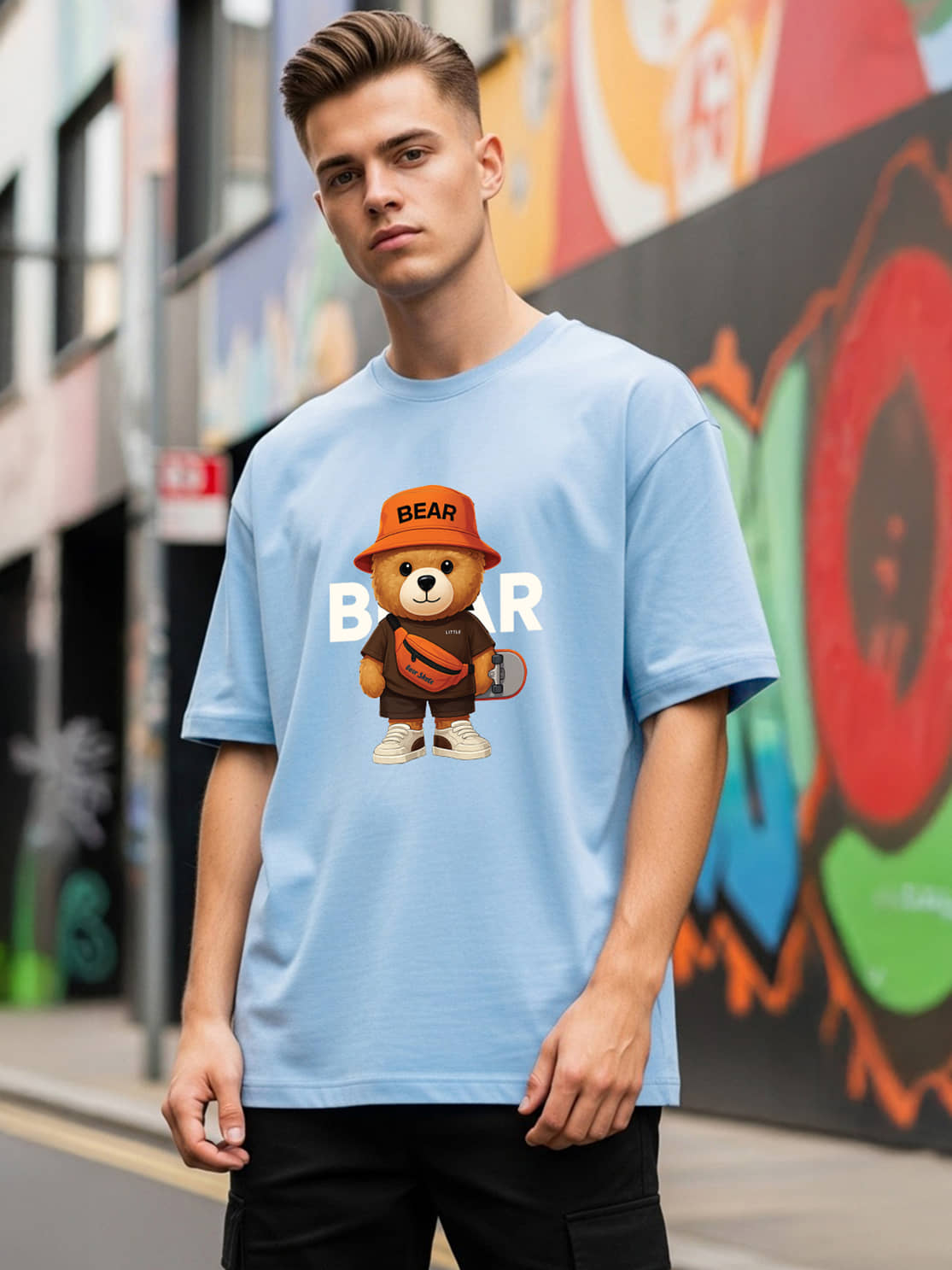 BENNY BROOKS Men Cotton Blend Oversized Fit Printed T-Shirt ( Sky Blue )