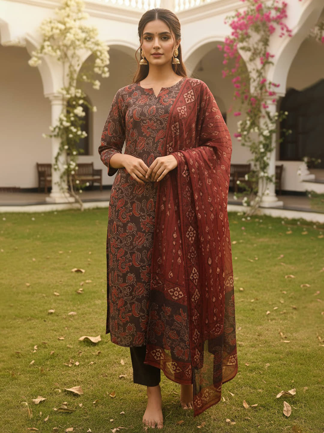 Vaamsi Women Cotton Blend Printed Straight Kurti With Pants ( Brown )