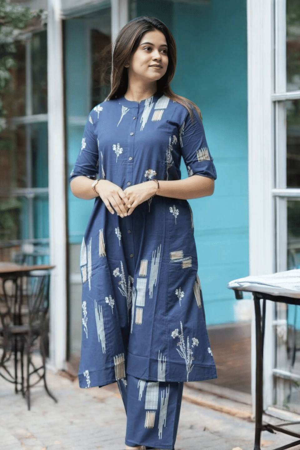 YAGNIK FASHION Women Cotton Blend Self Design A-line Kurti With Pants ( Blue )