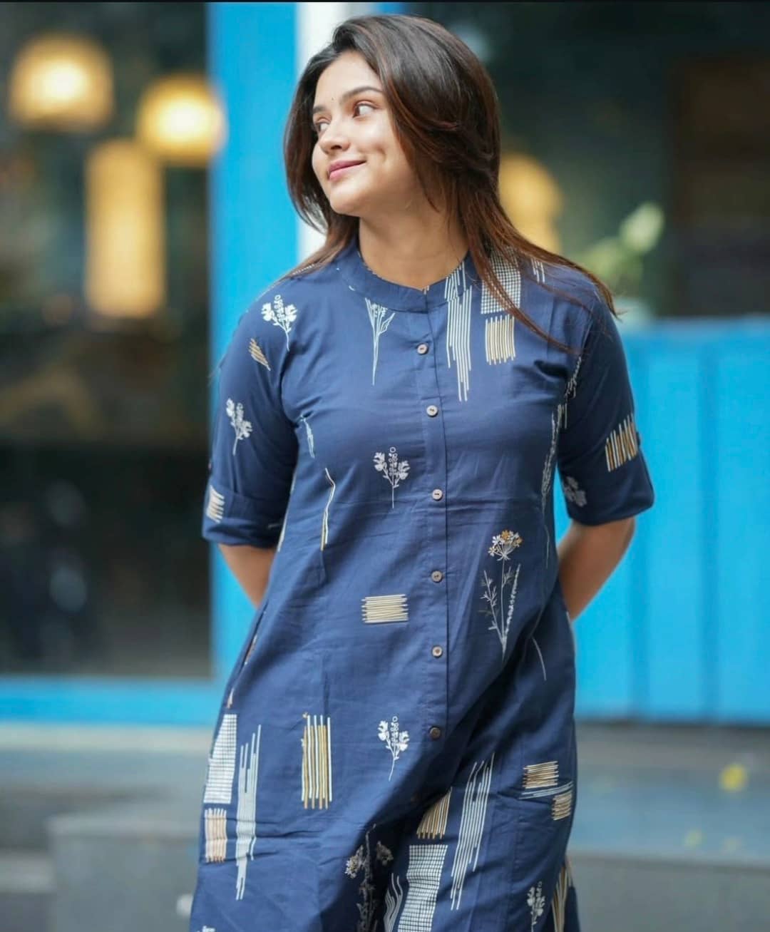 YAGNIK FASHION Women Cotton Blend Self Design A-line Kurti With Pants ( Blue )