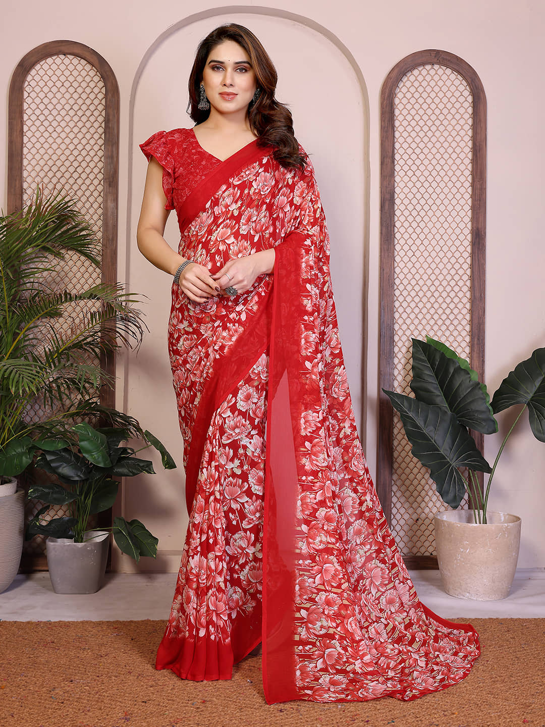 ANAND SAREES Georgette Printed Regular Saree With Unstitched Blouse Piece ( Pink ) - Sarees | Buy online on ZillyBuy