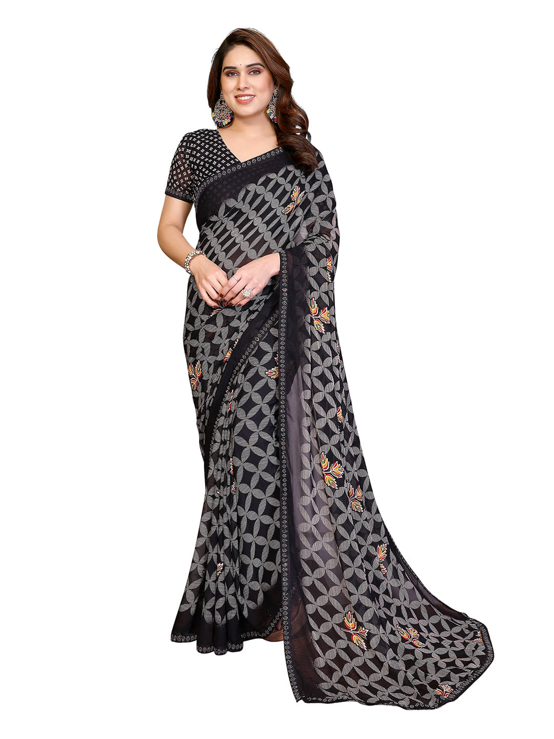 Kashvi Sarees Georgette Printed Regular Saree With Unstitched Blouse Piece ( Black ) - Sarees | Buy online on ZillyBuy