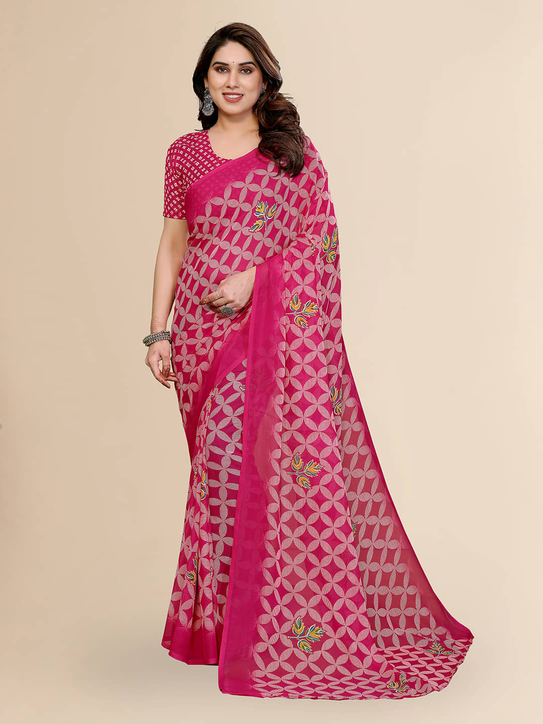 Kashvi Sarees Georgette Printed Regular Saree With Unstitched Blouse Piece ( Pink ) - Sarees | Buy online on ZillyBuy