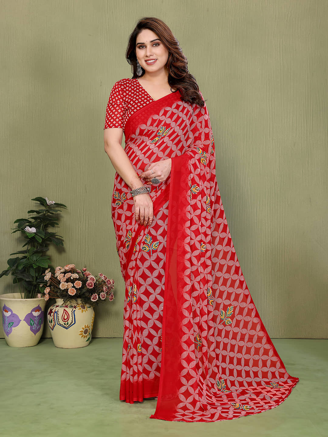 Kashvi Sarees Georgette Printed Regular Saree With Unstitched Blouse Piece ( Red ) - Sarees | Buy online on ZillyBuy