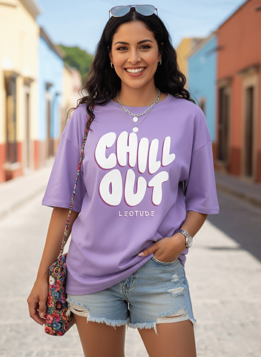 Leotude Women Cotton Blend Printed Oversized Fit Round Neck T-Shirt ( Purple )