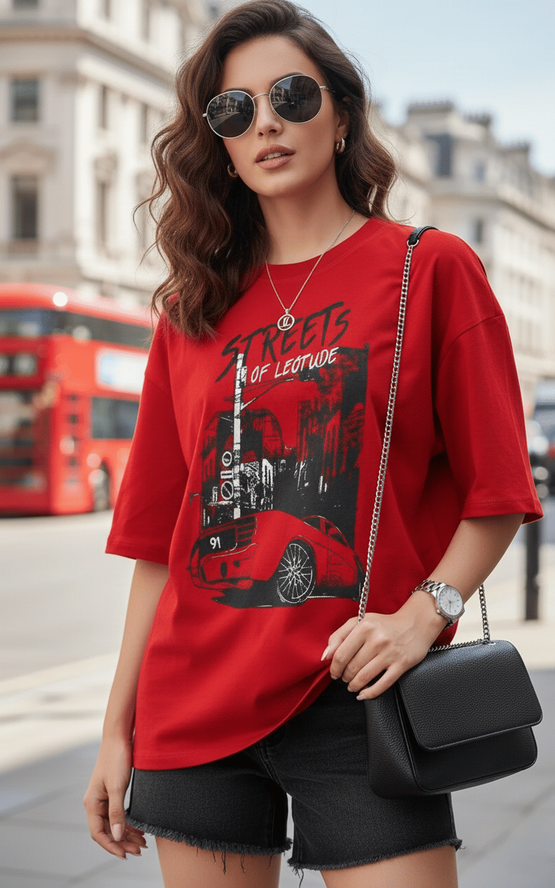 Leotude Women Cotton Blend Printed Oversized Fit Round Neck T-Shirt ( Red )