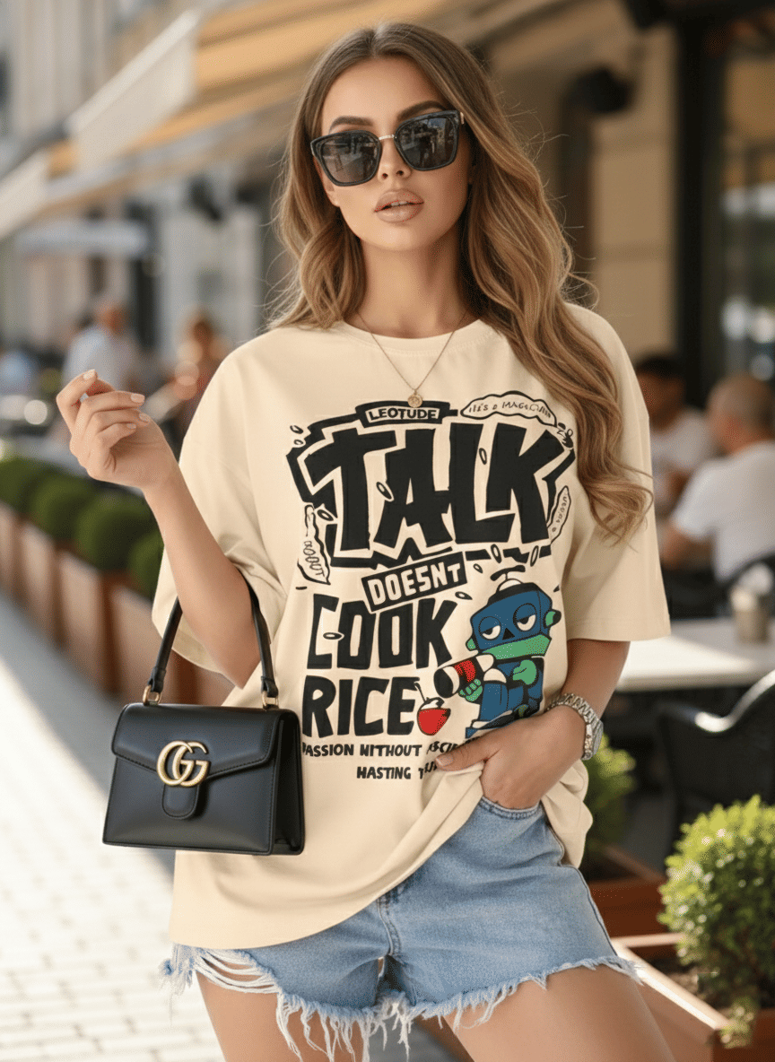Leotude Women Cotton Blend Printed Oversized Fit Round Neck T-Shirt ( Beige )
