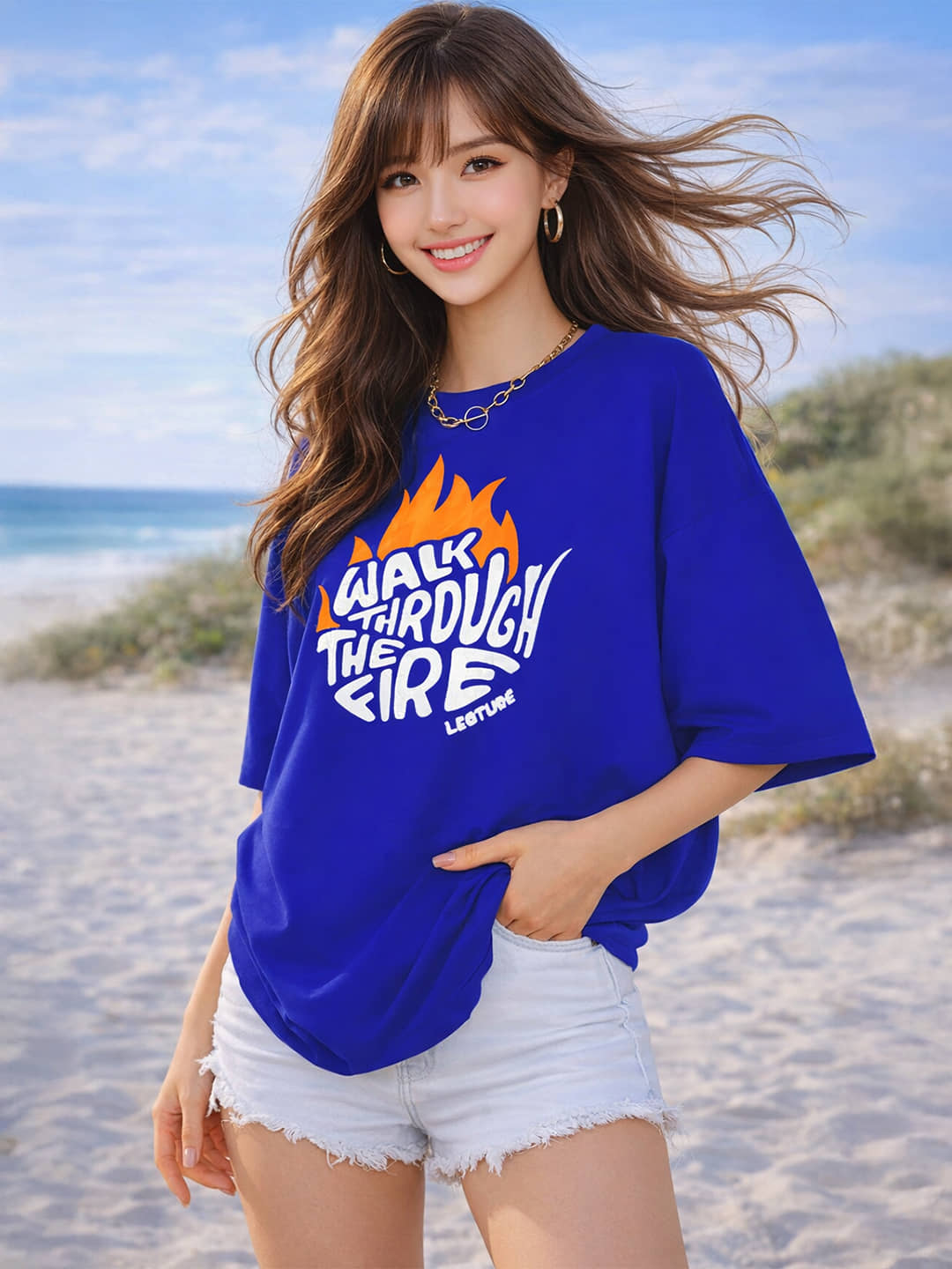 Leotude Women Cotton Blend Printed Oversized Fit Round Neck T-Shirt ( Blue )